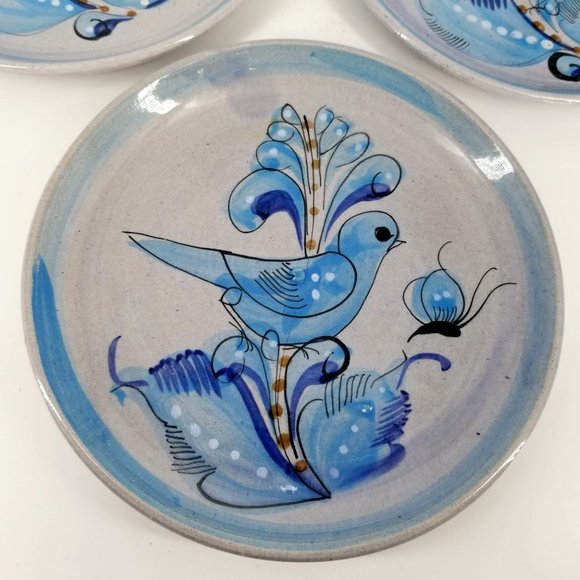 Tonala Mexican Hand Painted Blue Speckled Bird Plates 8.5" Pottery Signed Lot 3 - Picture 4 of 11